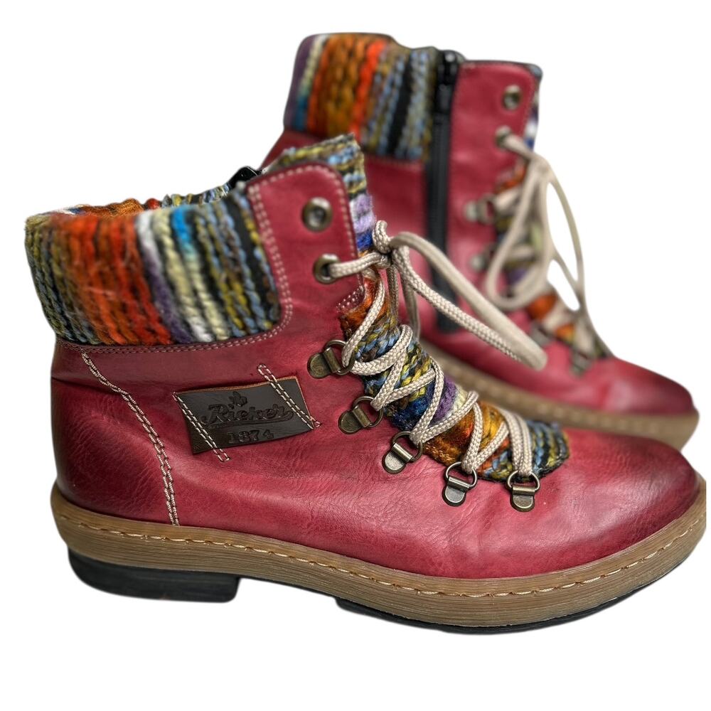 Rieker Women's Red Ankle Boots with Multicolor Knit